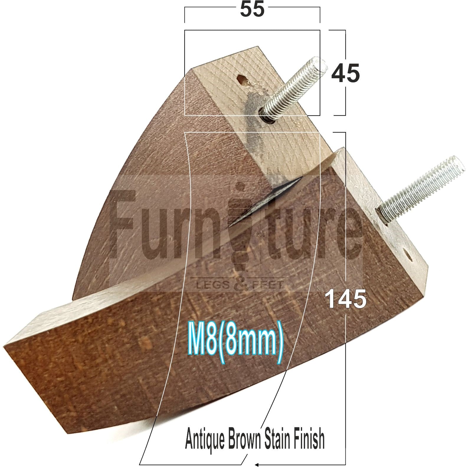 Set Of 4 Solid Wood Curved Furniture Feet Replacement Legs 145mm High M8(8mm)