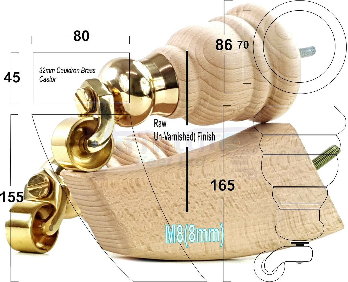 Turned Raw Wood Furniture Feet 2 With Castors 155mm and 2 Curved Back Legs Sofas Chairs Stools Cabinets Beds M8 6 Inches
