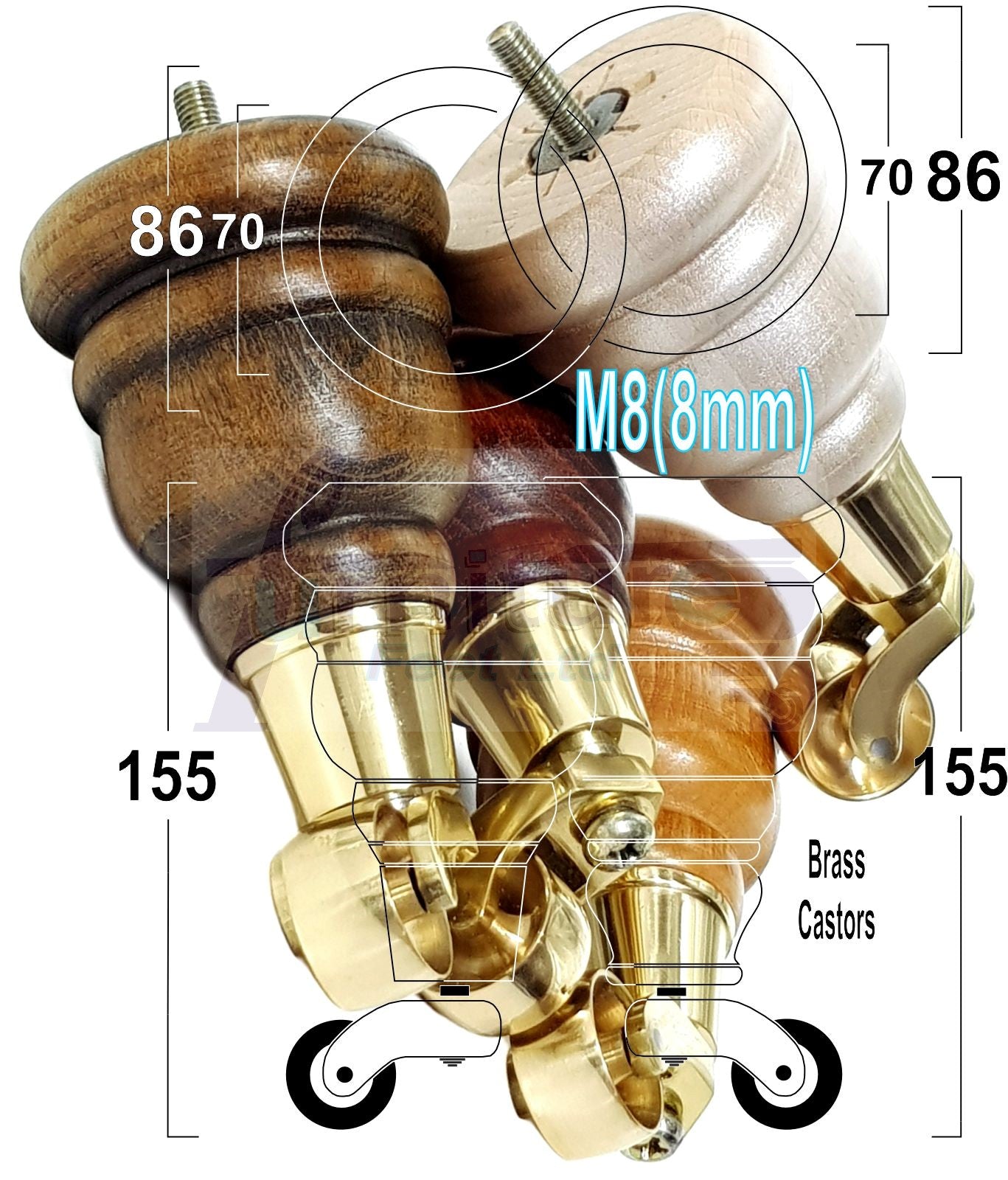 4 Turned Wood Furniture Feet With Brass Castors 155mm Legs Sofas Chairs Stools Cabinets Beds M8 6 Inches