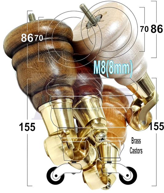 4 Turned Wood Furniture Feet With Brass Castors 155mm Legs Sofas Chairs Stools Cabinets Beds M8 6 Inches