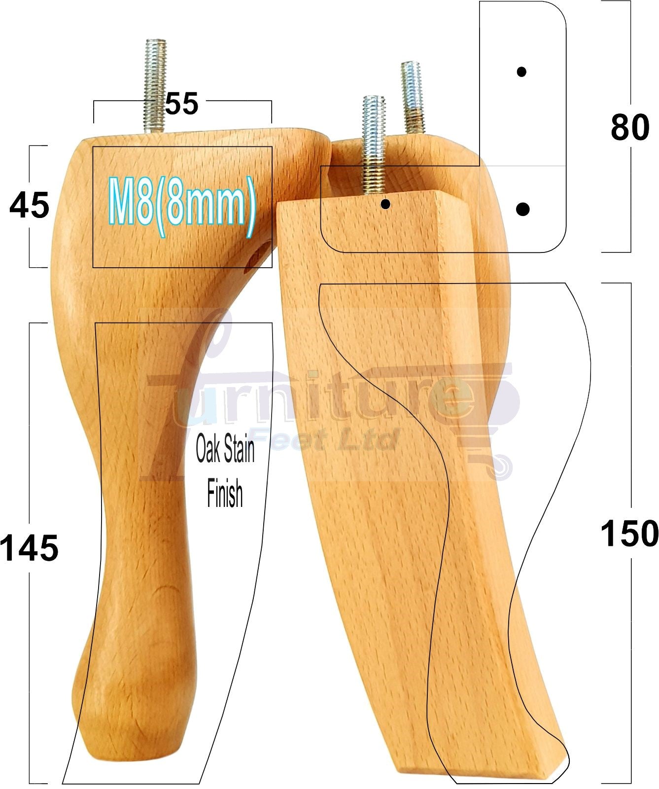 2x Vintage Queen Anne Replacement Furniture Legs & 2x Curved Back Feet 150mm 6 Inch High 8mm Thread