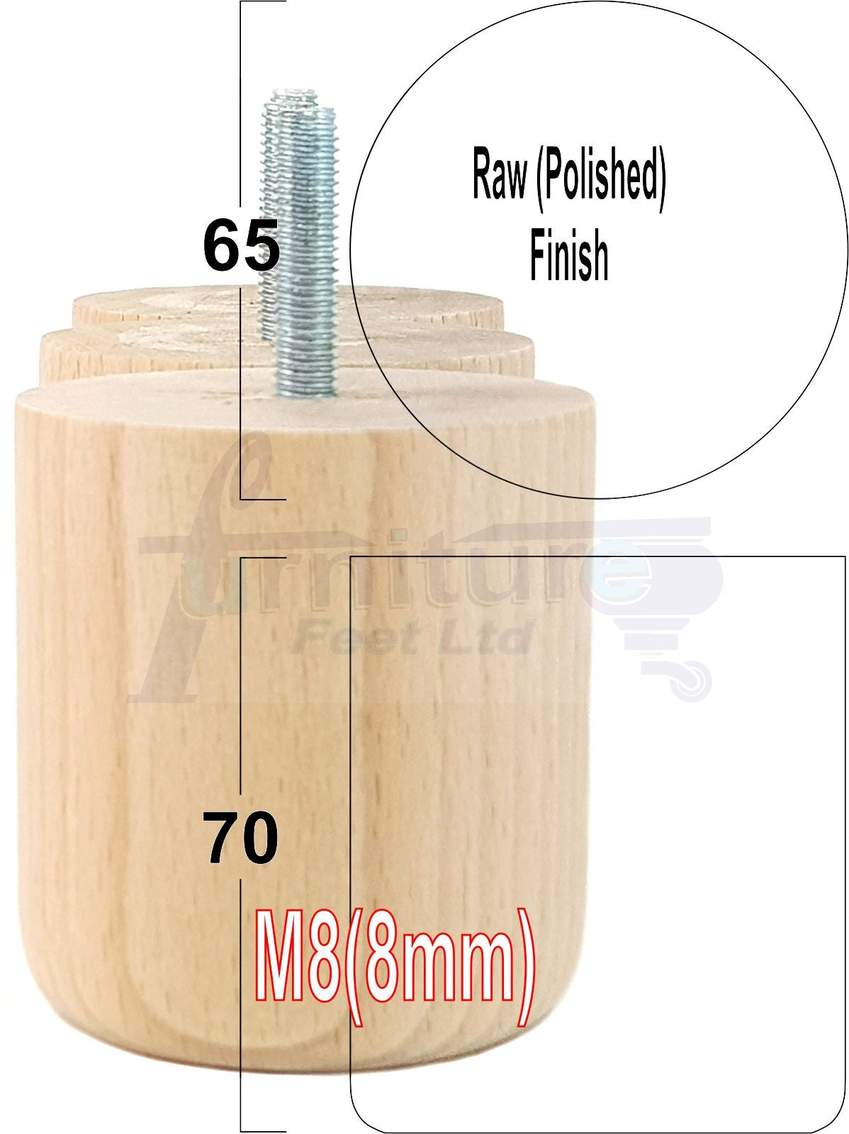 4x Solid Wood Turned Furniture Legs Replacement Bun Feet 70mm High 8mm Thread