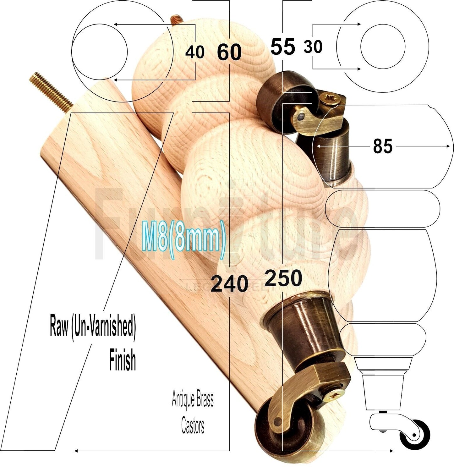 4x Turned Solid Wood Furniture Legs Replacement Feet 250mm High 8mm Thread