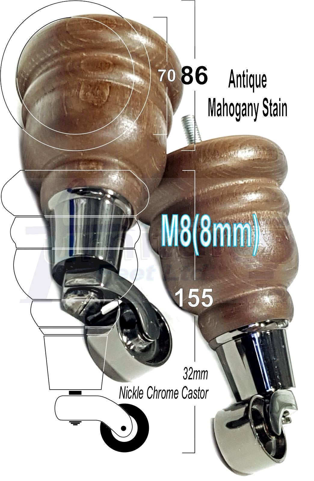 4 Turned Wooden Replacement Furniture Legs with Castors 6 Inch 155mm High Sofa Feet M8 Dowl Fixing - Black Castor