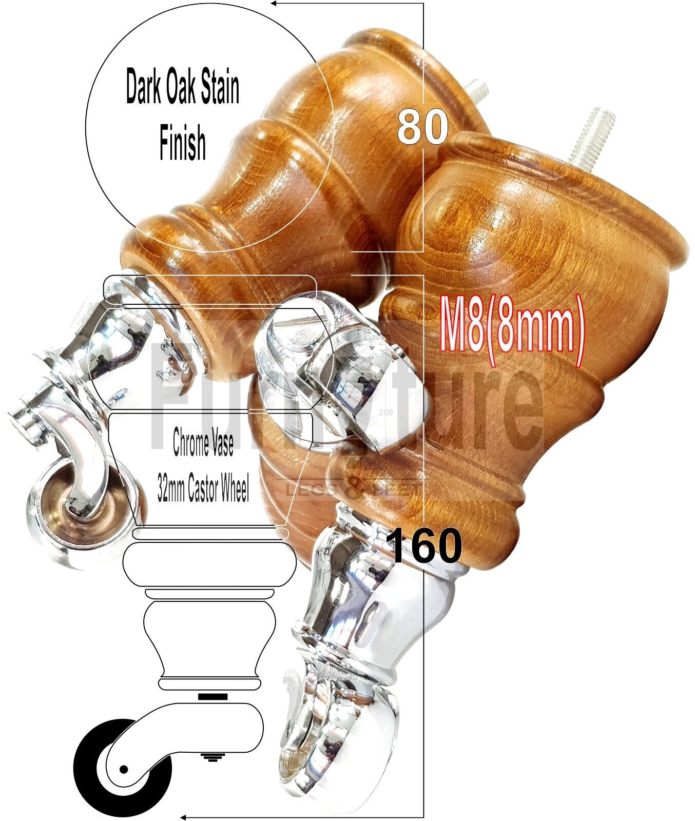 4 Turned Wood Feet Dark Oak Stain Castor Legs Chair Furniture Stools Sofa Chairs M8 160mm 6 Inch High