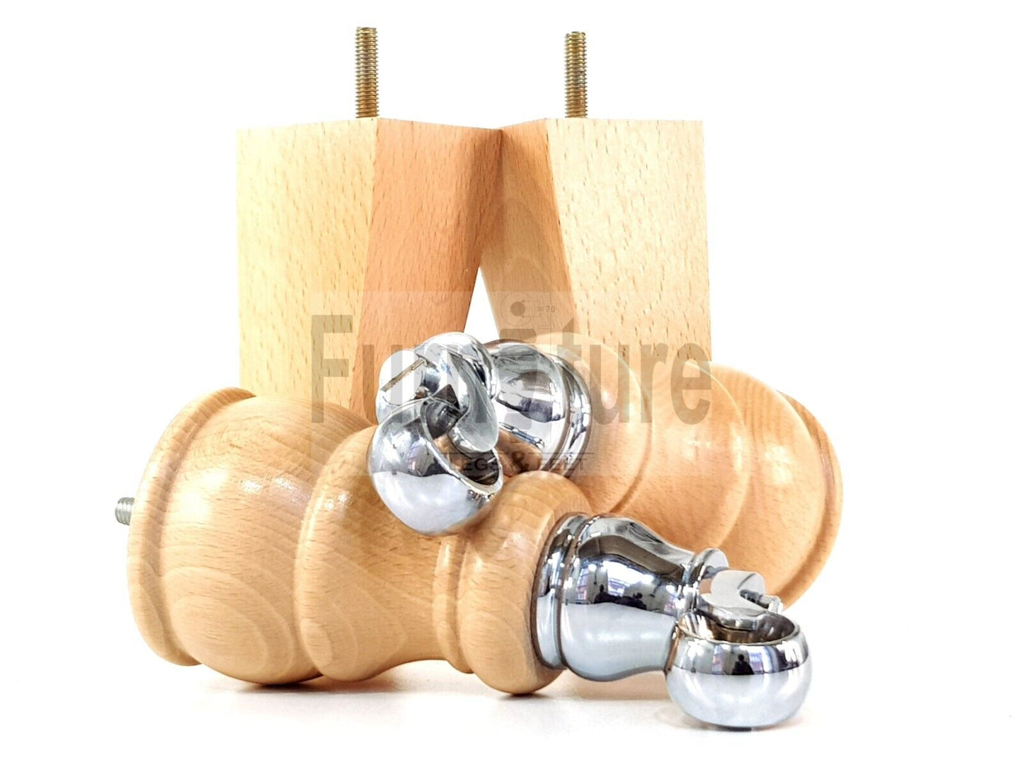 2 Wooden Castor Furniture Sofa Legs & 2 Curved Back Feet  Natural M8 Chair Settee Feet 160mm High