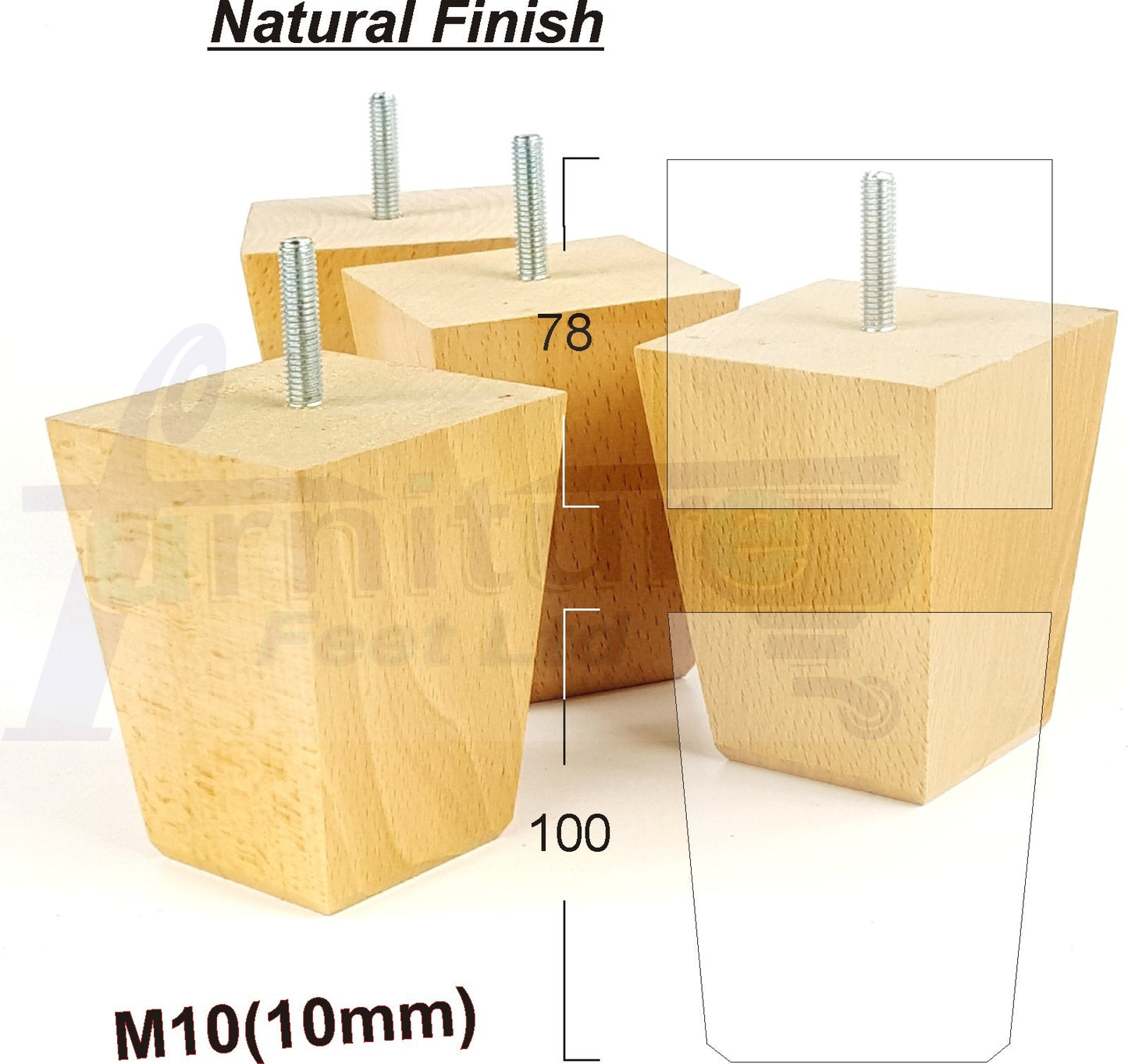 Set Of 4 Square Block Solid Wood Furniture Feet Replacement Legs 100mm High M10 Thread
