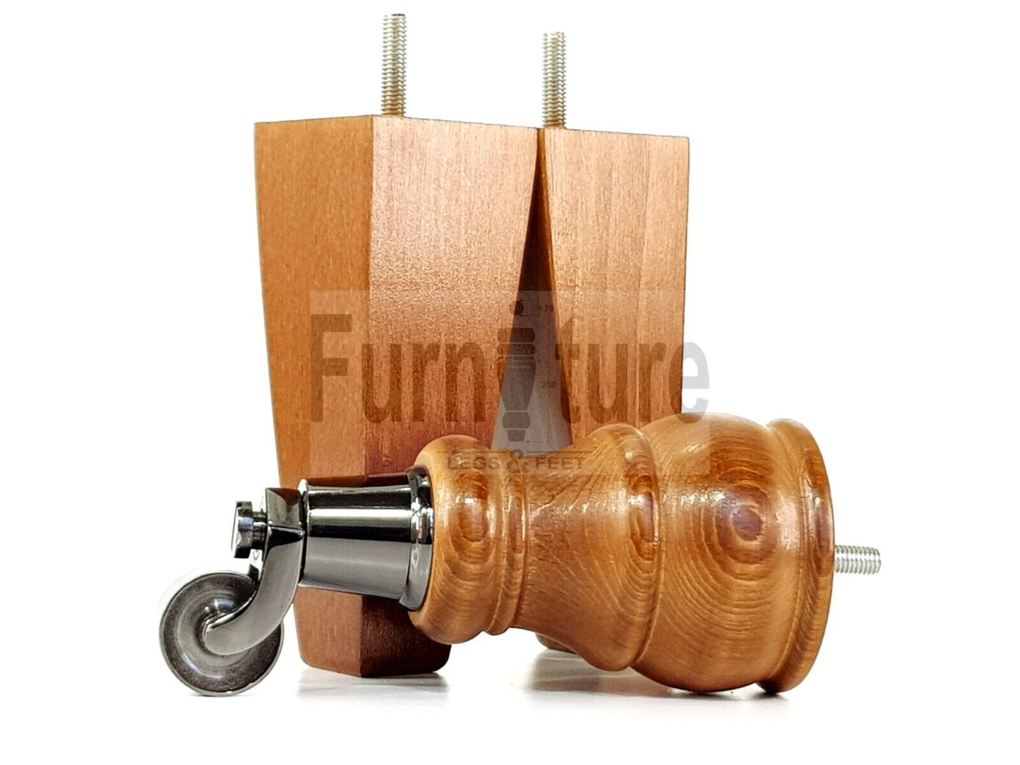 2 Wooden Castor Furniture Sofa Legs & 2 Curved Back Feet  Dark Oak Stain M8 Chair Settee Feet 160mm High