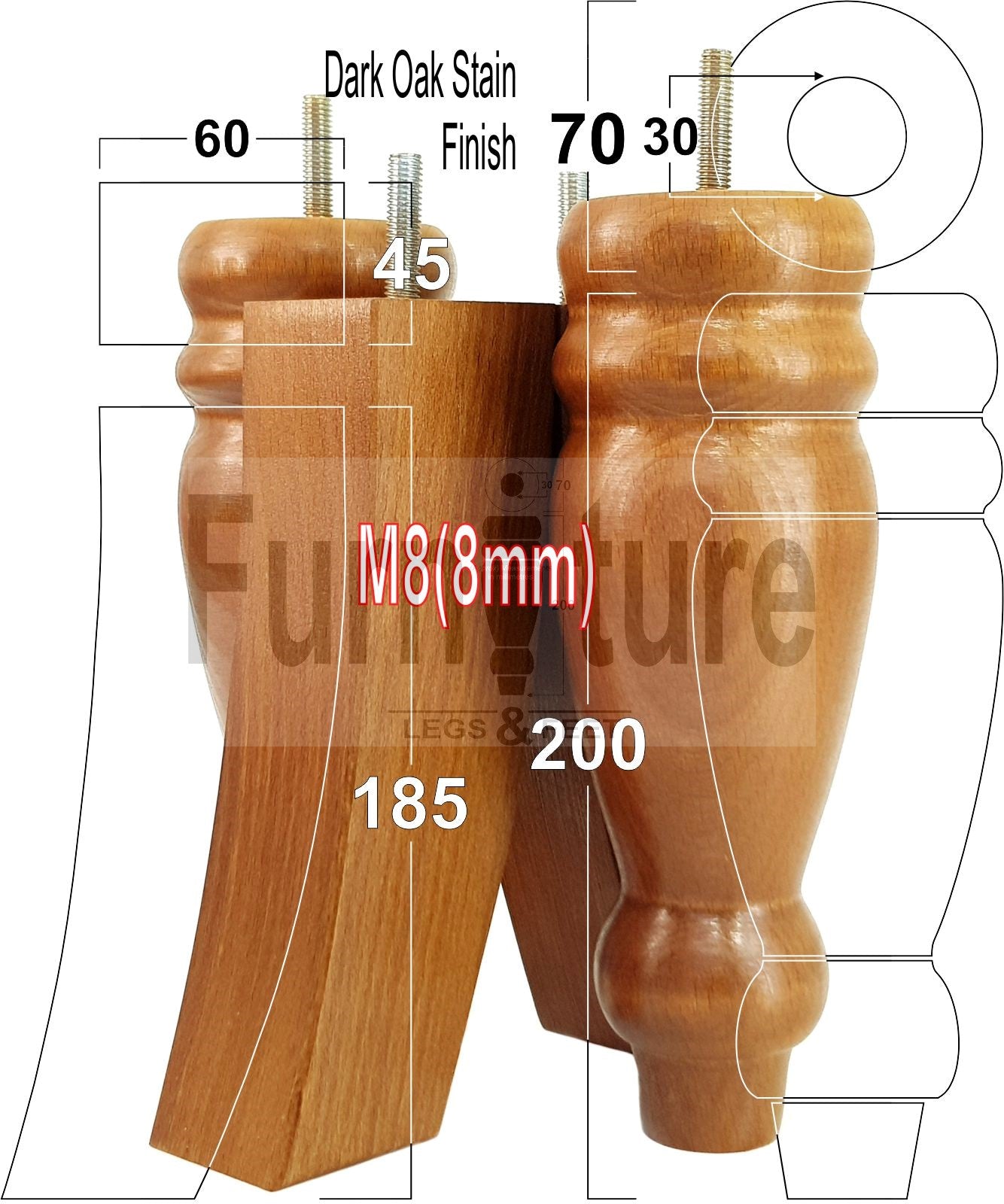2 Traditional Turned Furniture Feet Replacement Sofa Legs 200mm & 2 Curved Back Legs 185mm for Chairs Stools Sofa Beds Settee Cabinets M8