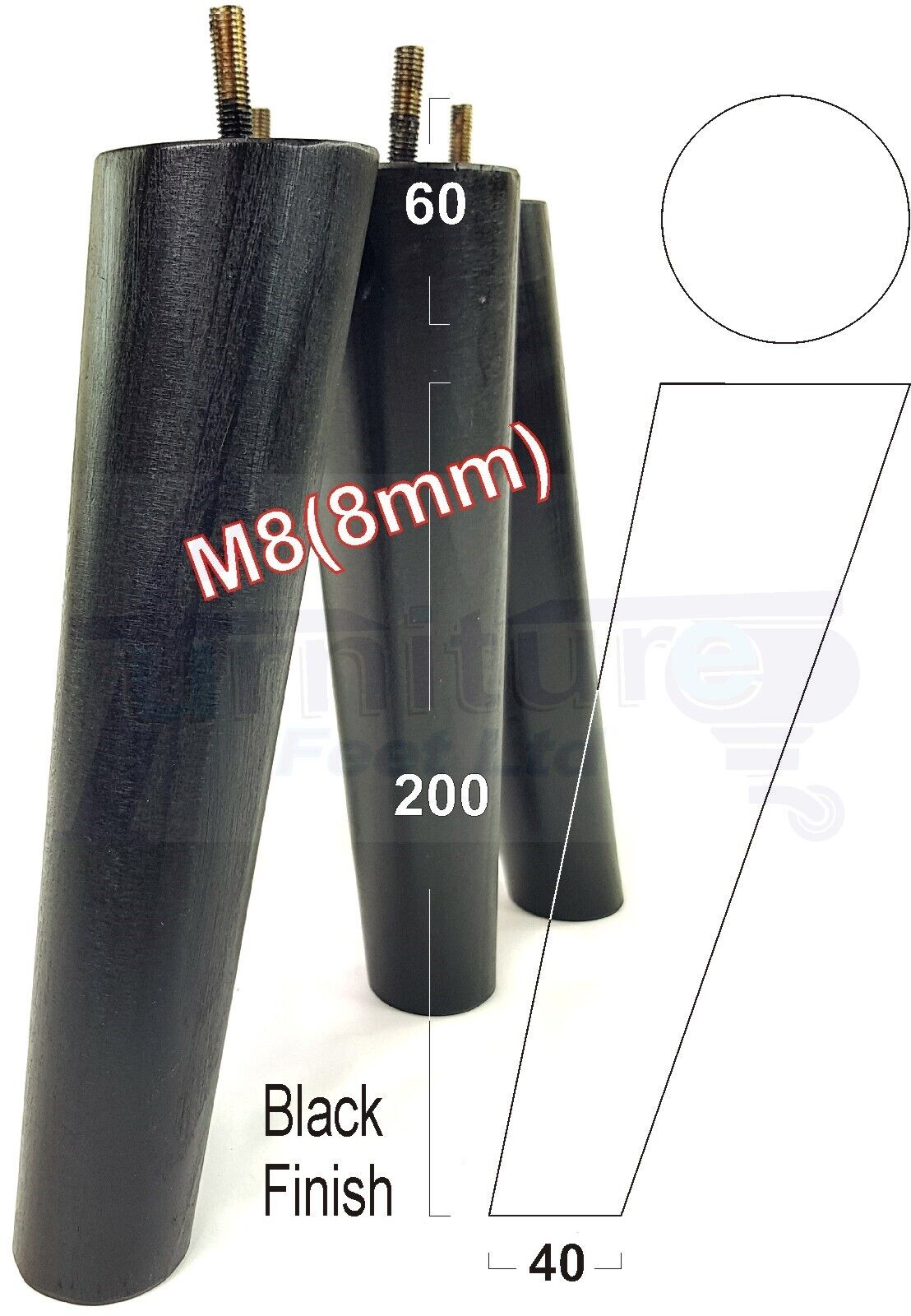 4 Solid Wood Turned Furniture Feet Replacement Mid Centry Angled Retro Legs 200mm High M8 Sofa Chairs Stools Cabinets Beds