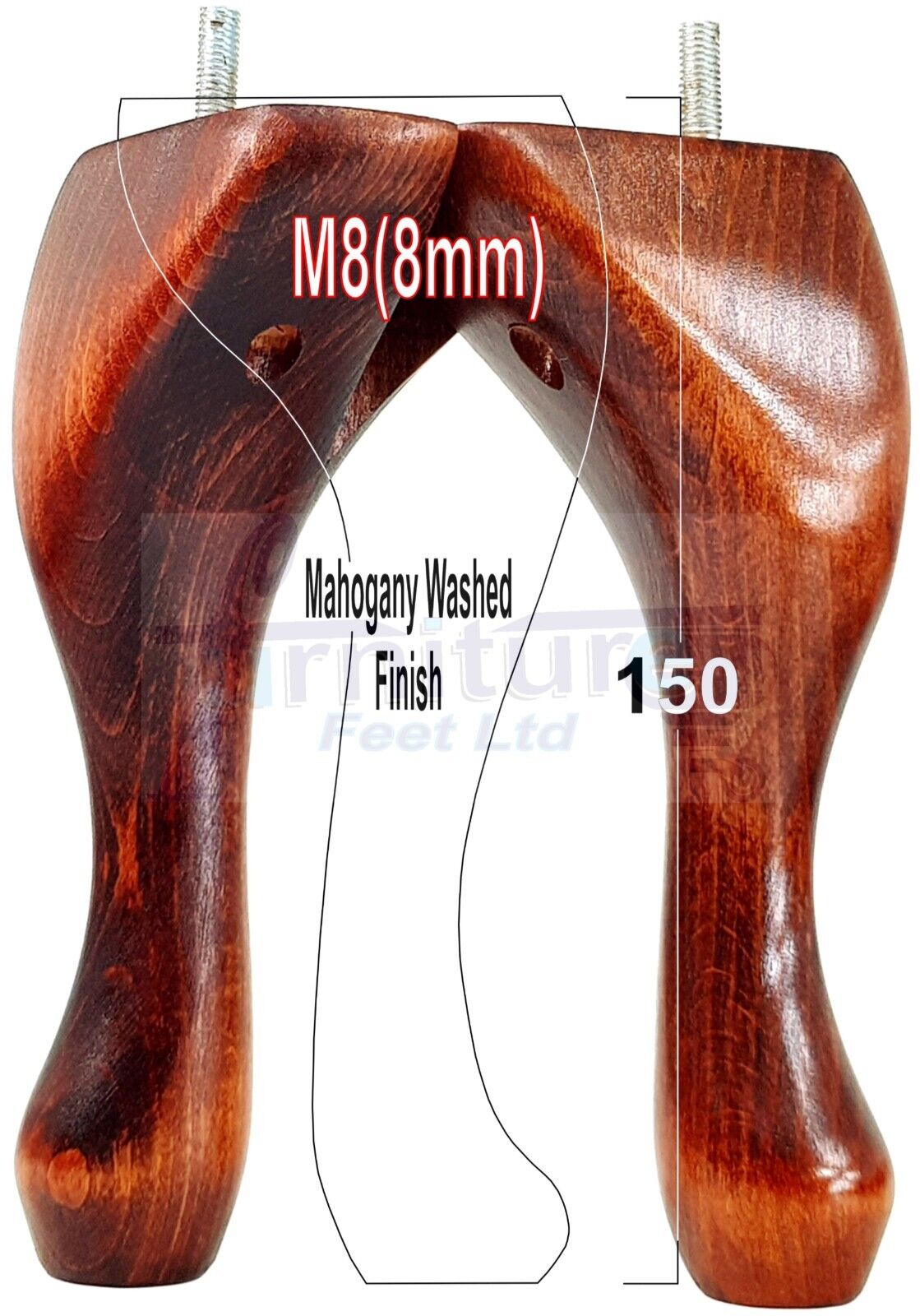 4 Solid Wood Furniture Feet 150mm High Queen Anne Replacement Legs M8 (8mm) 6 Inches Chair Stools Bed Sofa Georgian Style
