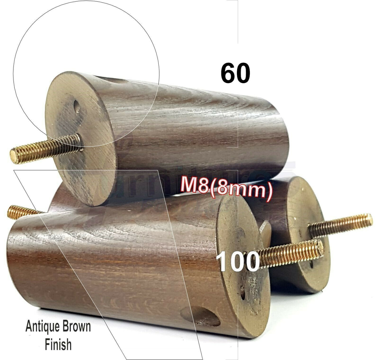 4 Solid Wood Turned Furniture Feet Replacement Mid Centry Angled Retro Legs 100mm High M8 Sofa Chairs Stools Cabinets Beds