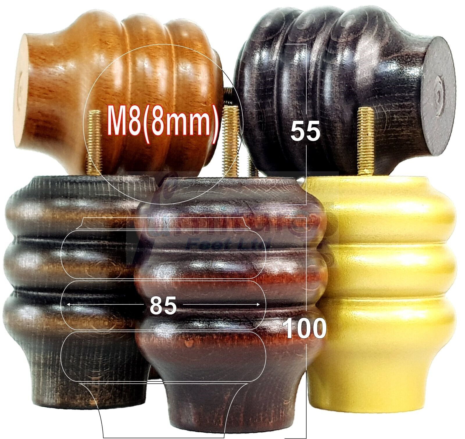 Set Of 4 Solid Wood Turned Furniture Legs Replacement Bun Feet 100mm High 8mm Thread