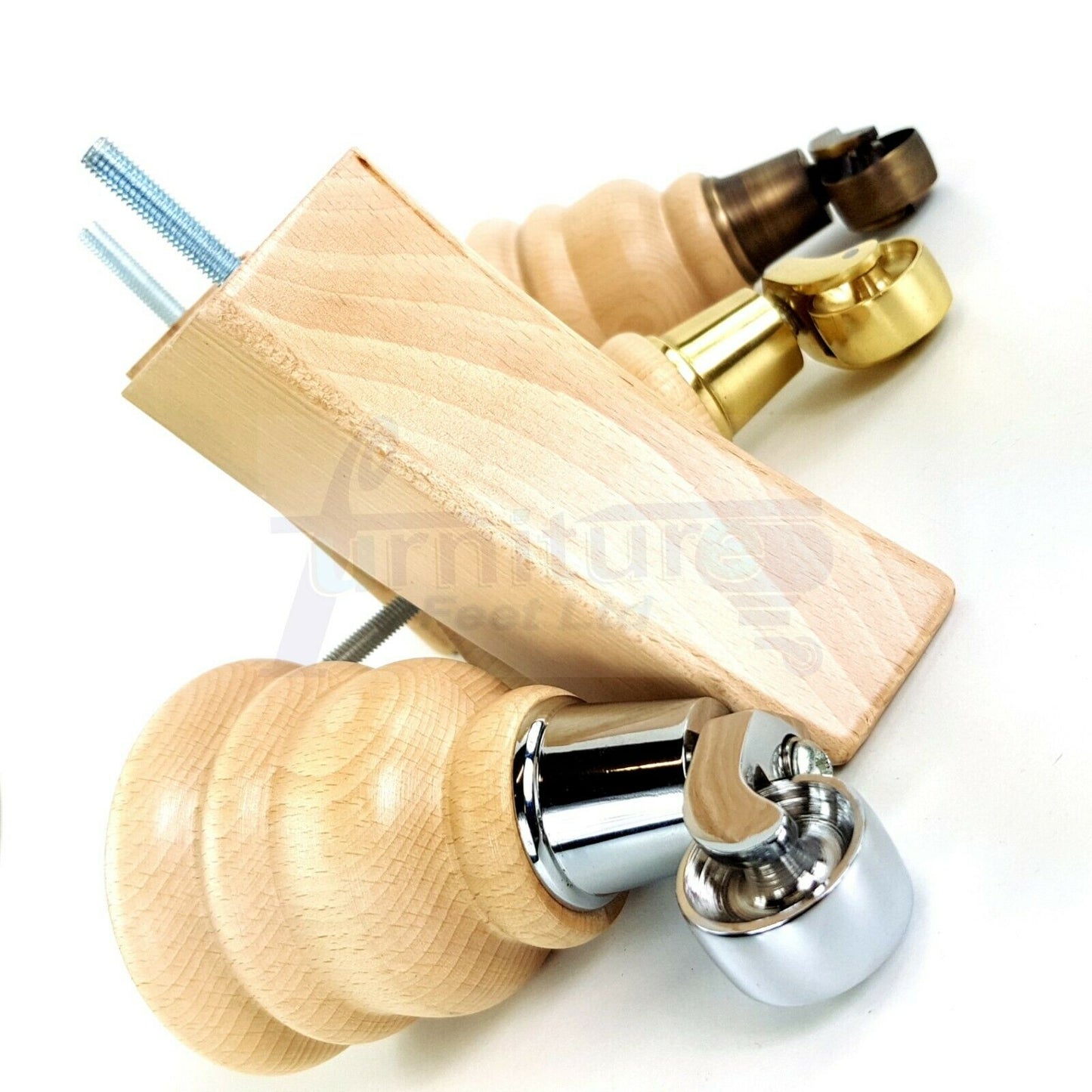 Turned Natural Wood Furniture Feet 2 With Castors 155mm and 2 Curved Back Legs Sofas Chairs Stools Cabinets Beds M8 6 Inches