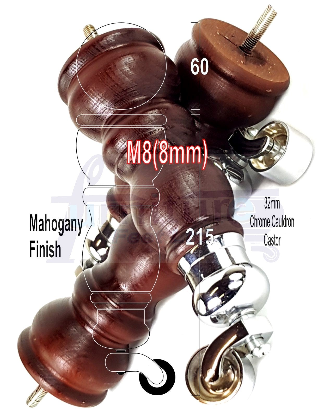 Solid Wood Furniture Feet With Castors Set of 4 Legs 205mm High For Sofas Chairs Cabinets & Beds M8 Mahogany Finish