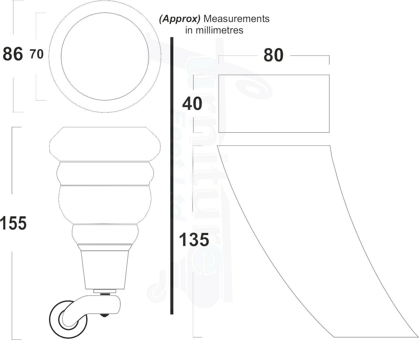 2 Replacement Wood Furniture Legs With Castors & 2 Curved Feet Mahogany 155mm Chair Sofa Stool M10