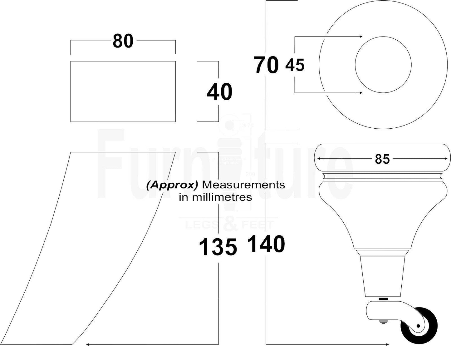 Turned Wood Furniture Feet 2 Antique Castors 140mm & 2 Curved Back Legs Sofas Chairs Stools Cabinets Beds M8