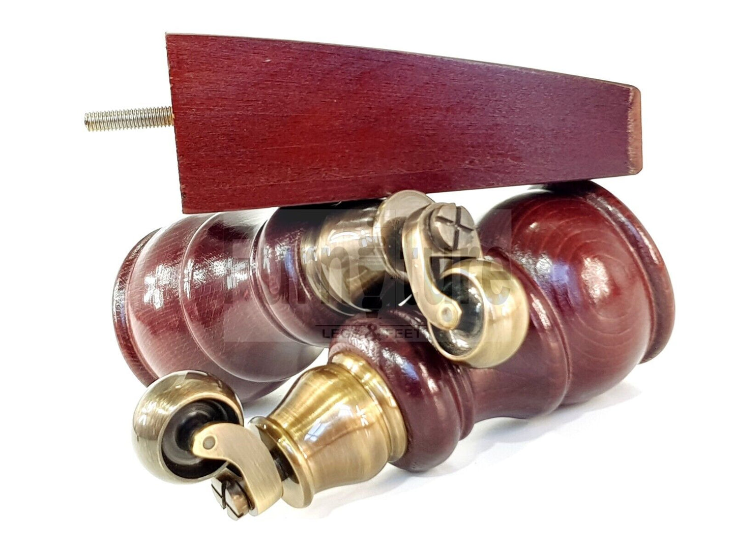 2 Wooden Castor Furniture Sofa Legs & 2 Curved Back Feet  Mahogany M8 Chair Settee Feet 160mm High