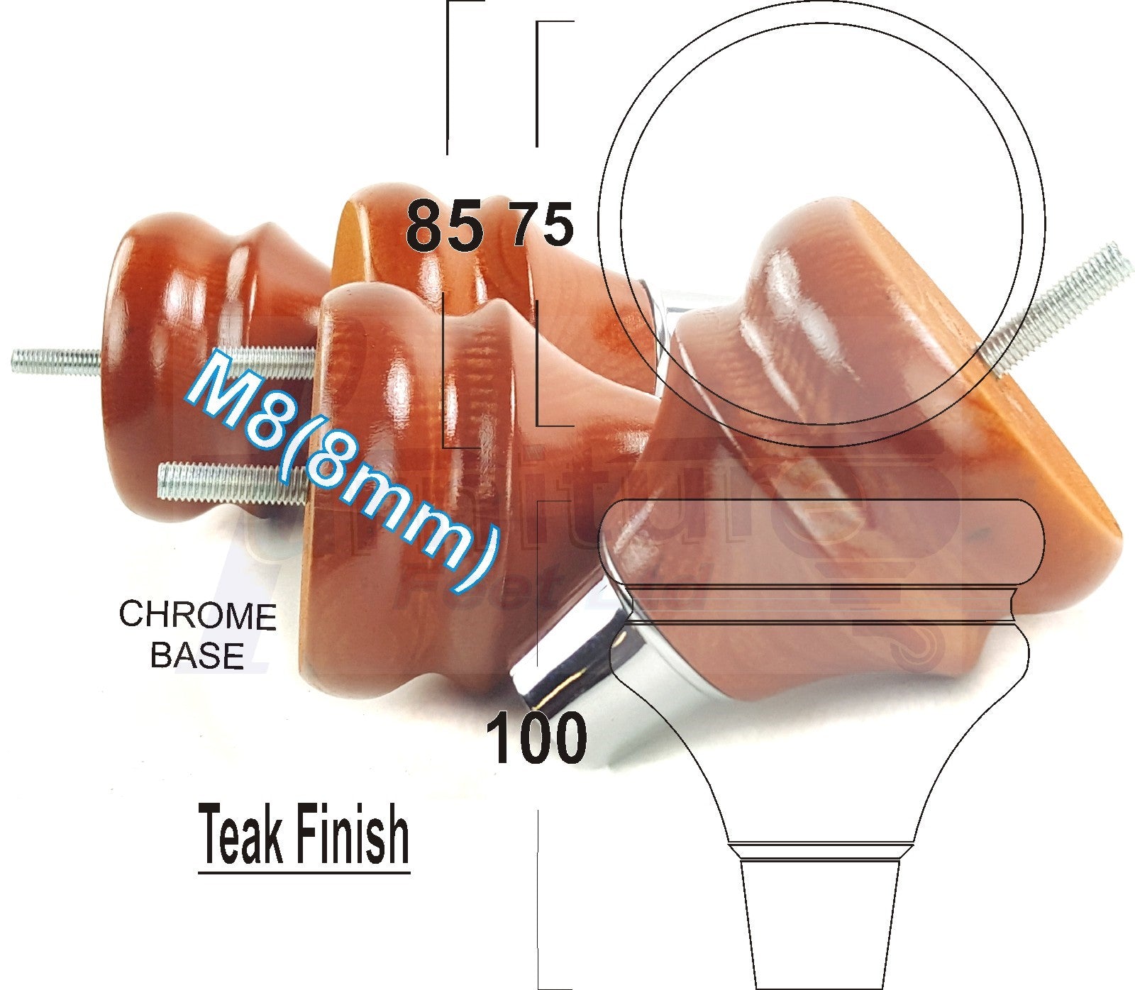 4x Turned Wood Furniture Feet M8(8mm) With A Chrome Slipper Cup Chair Sofa Settee Legs 100mm