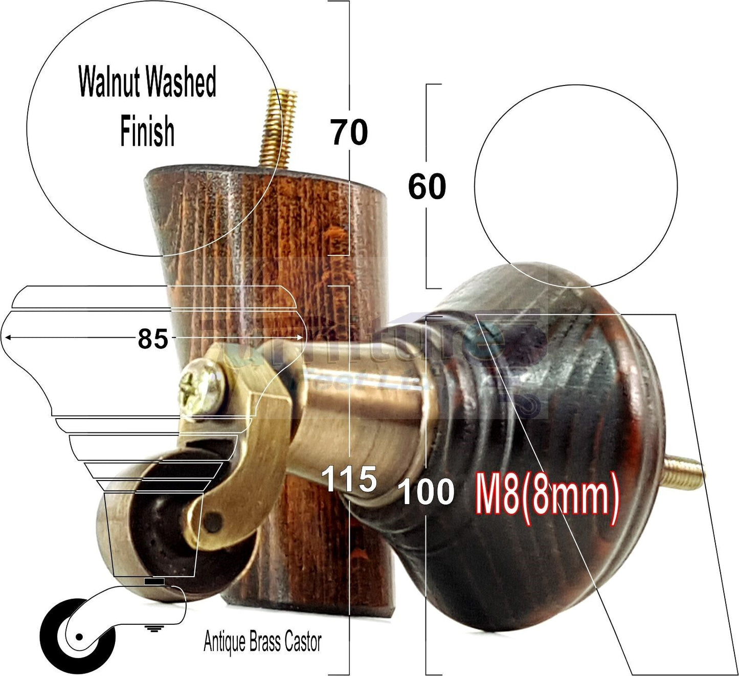 2 Dark Walnut Washed Wood Furniture Sofa Legs With Castor 125mm & 2 Angled Back Feet Chair Settee 100mm High M8