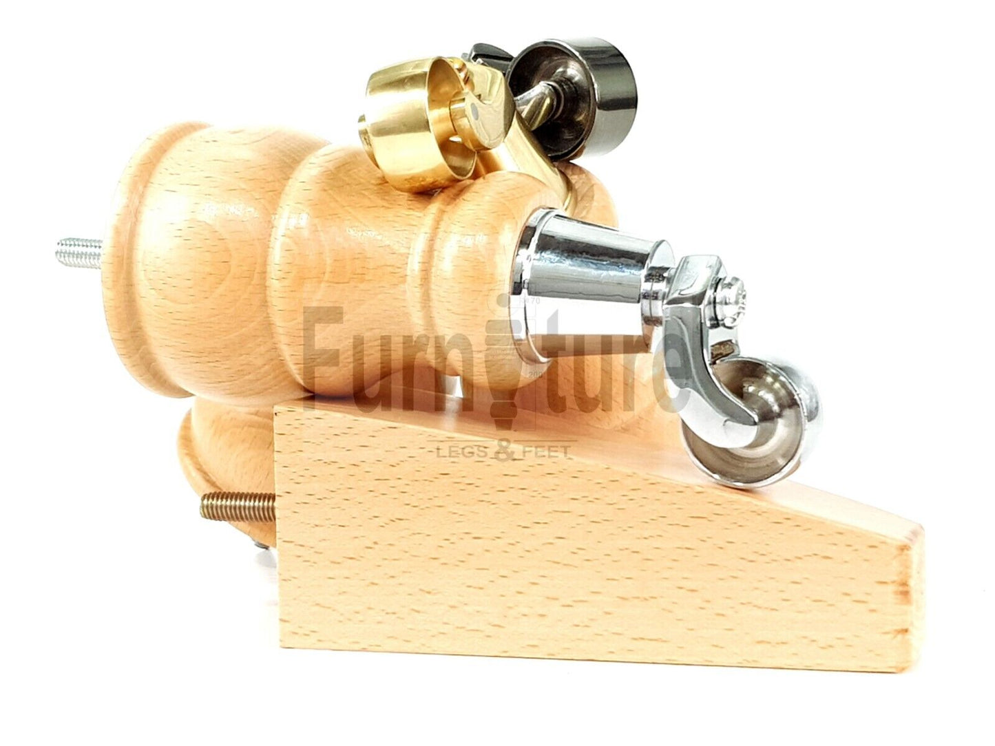 2 Wooden Castor Furniture Sofa Legs & 2 Curved Back Feet  Natural M8 Chair Settee Feet 160mm High