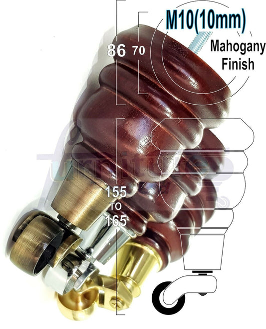 4 Mahogany Turned Wood Furniture Feet With Castors 155mm Legs Sofas Chairs Stools Cabinets Beds M10 6 Inches