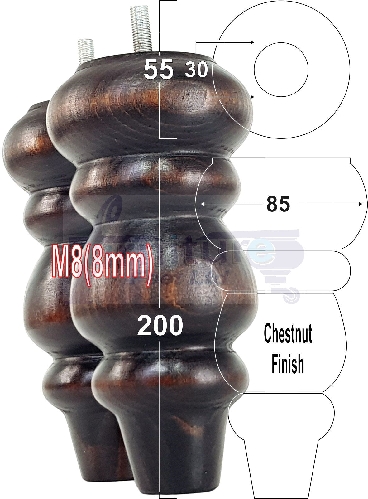 4 Solid Wood Furniture Legs Replacement Turned Feet 200mm High M8(8mm) Thread: Chestnut