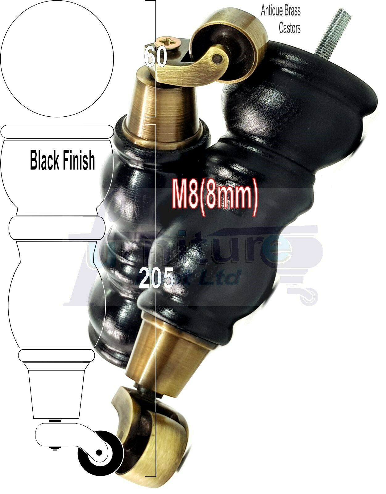 4x Furniture Feet With Castor 205mm High Legs Black Wood M8 Sofas Chairs Stools Cabinets 8 Inches Tall