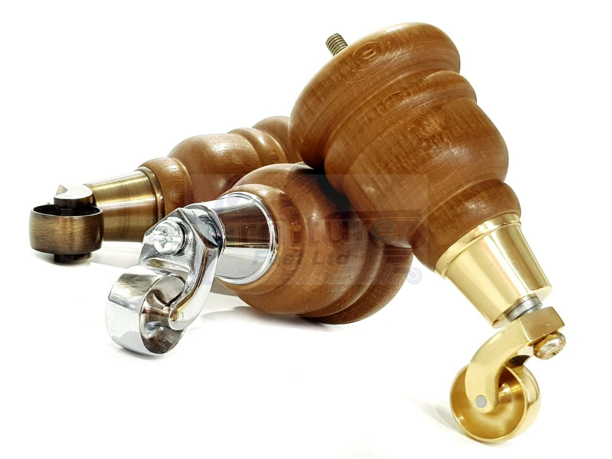 4 Turned Wood Dark Oak Stain Furniture Replacement Legs with Castors 155mm Legs M8 Fitting