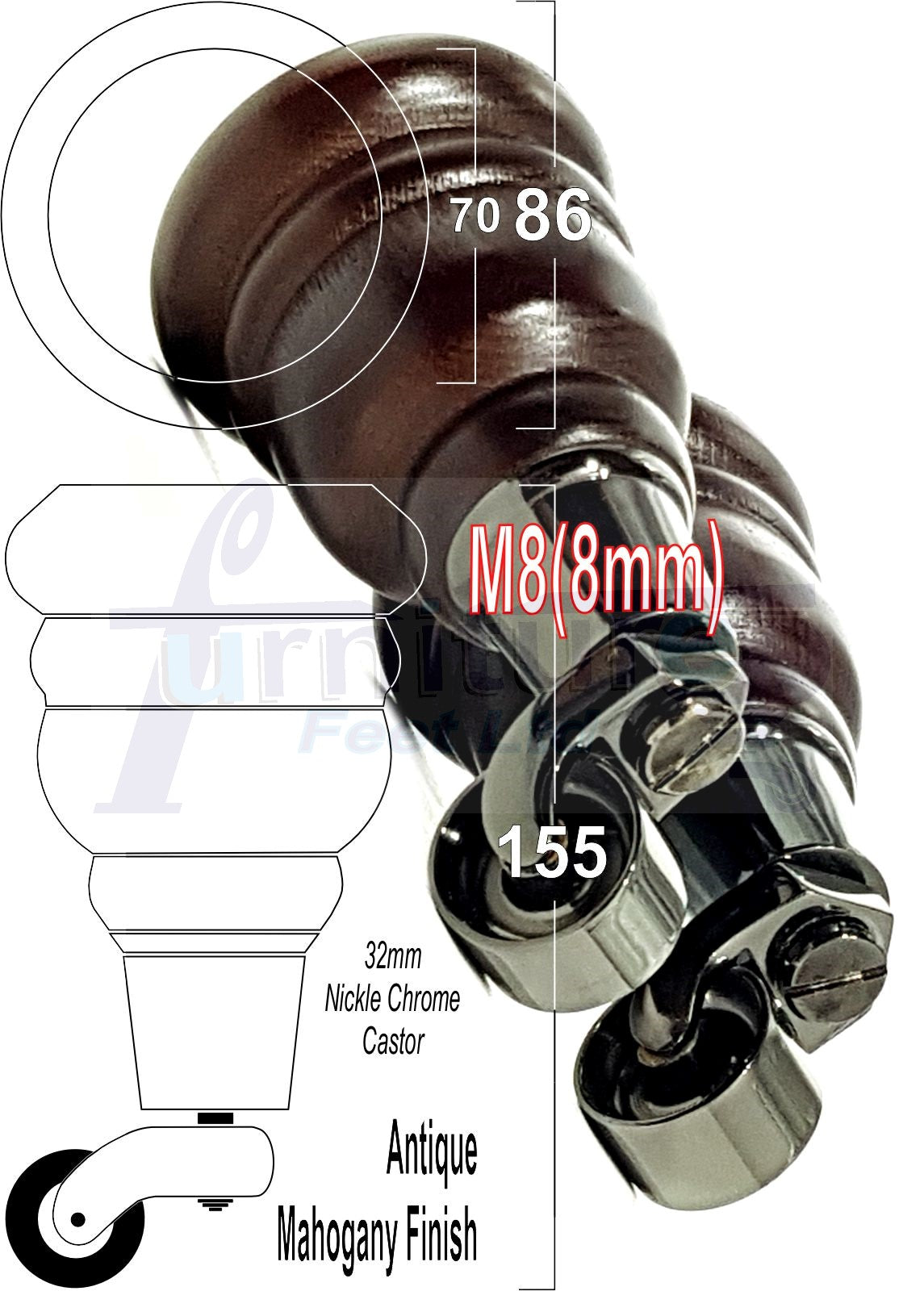4 Turned Wood Furniture Feet With Black Chrome Castors 155mm Legs Sofas Chairs Stools Cabinets Beds M8 6 Inches