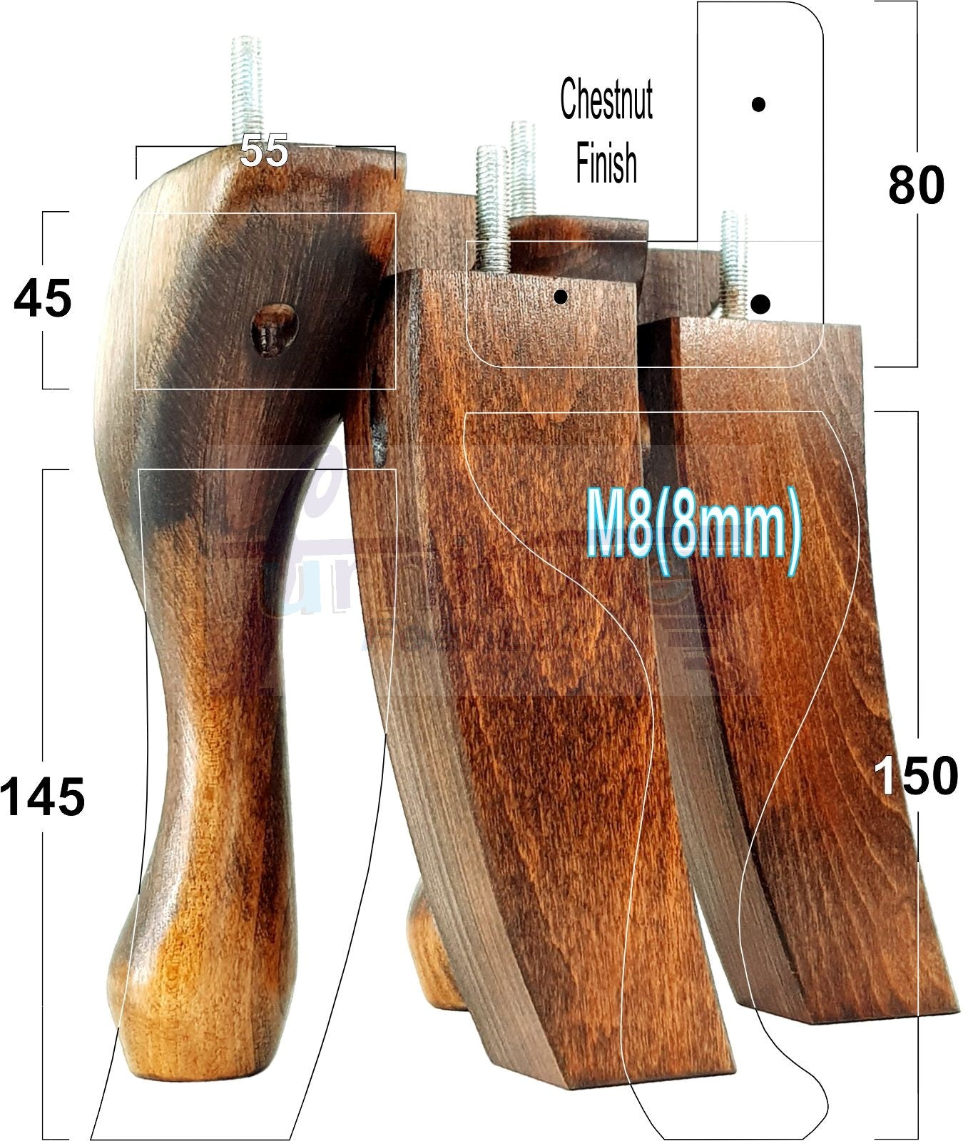 2x Vintage Queen Anne Replacement Furniture Legs & 2x Curved Back Feet 150mm 6 Inch High 8mm Thread