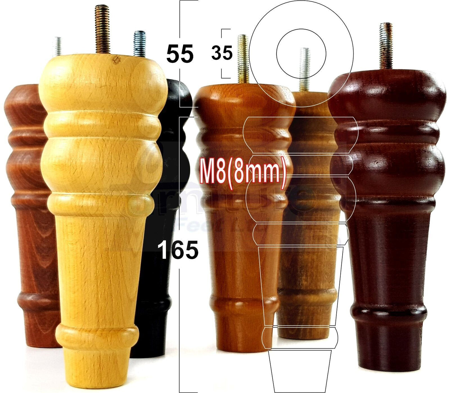 4 Wood Turned Furniture Legs Replacement Bun Feet 165mm High Multiple Colours 6.5 Inches Chairs Stools Sofa's Beds Settee Cabinets M8