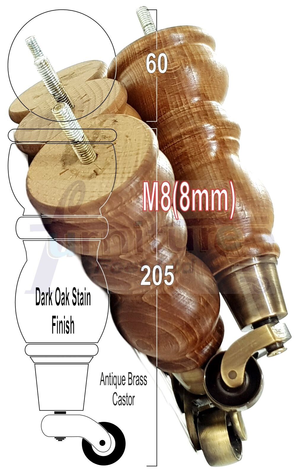 4x Furniture Feet With Castor 205mm High Legs Dark Oak Wood M8 Sofas Chairs Stools Cabinets 8 Inches Tall