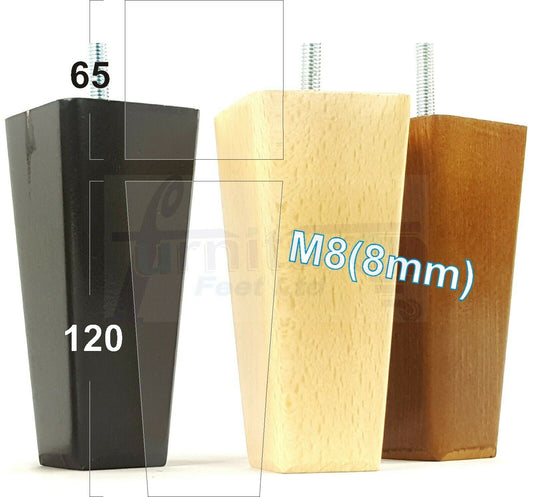 4x Wooden Furniture Legs 120mm High Replacement Square Tapered Feet 8mm