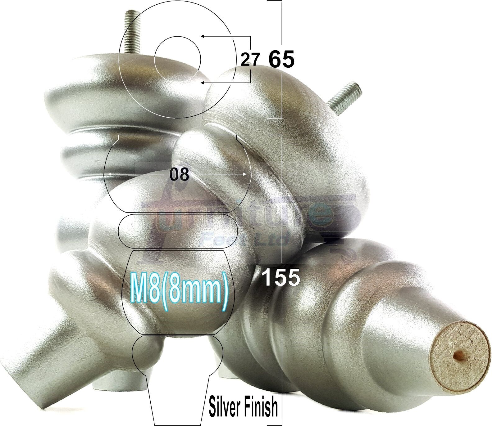 4 Solid Turned Wood Furniture Sofa Leg M8 Chair Settee Footstool Feet 155mm High