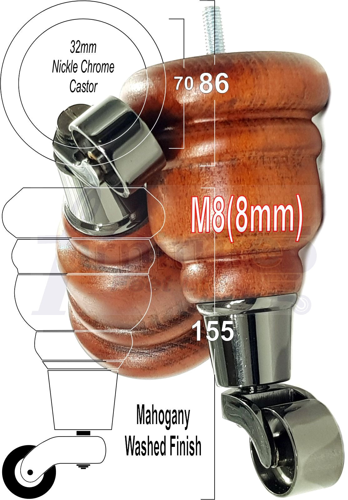 4 Turned Wooden Replacement Furniture Legs with Castors 6 Inch 155mm High Sofa Feet M8 Dowl Fixing - Black Castor