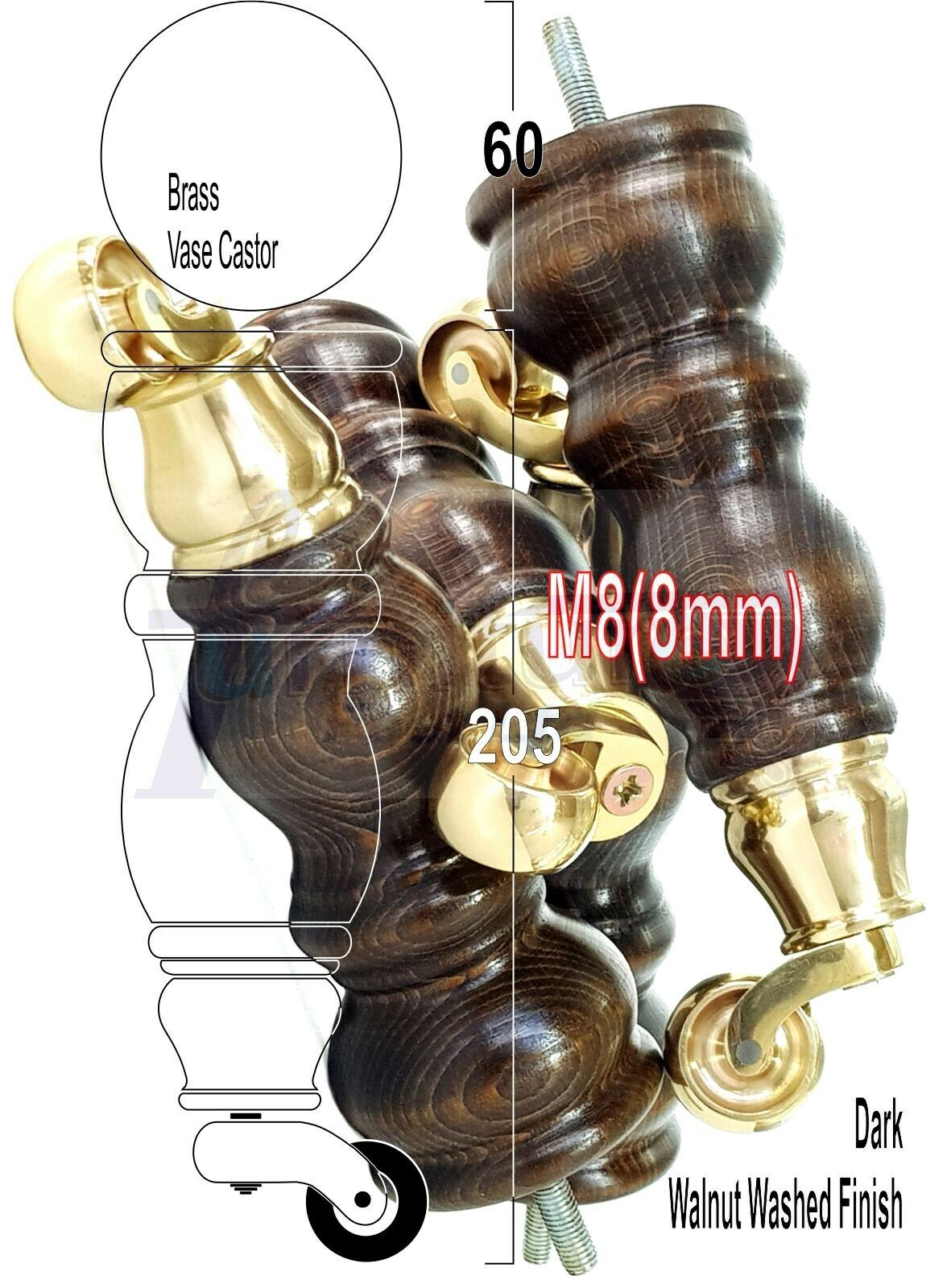 4x Furniture Feet With Castor 205mm High Legs Walnut Wood Finish M8 Sofas Chairs Stools Cabinets 8 Inches Tall