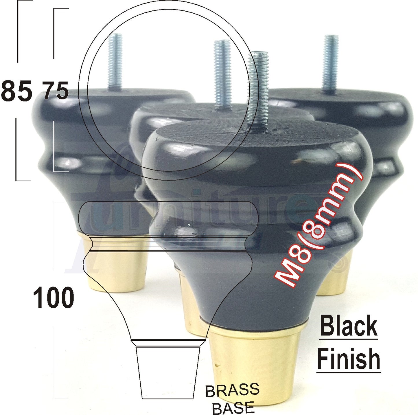 4x Turned Wood Furniture Feet M8(8mm) With Slipper Cup Chair Sofa Settee Legs 110mm