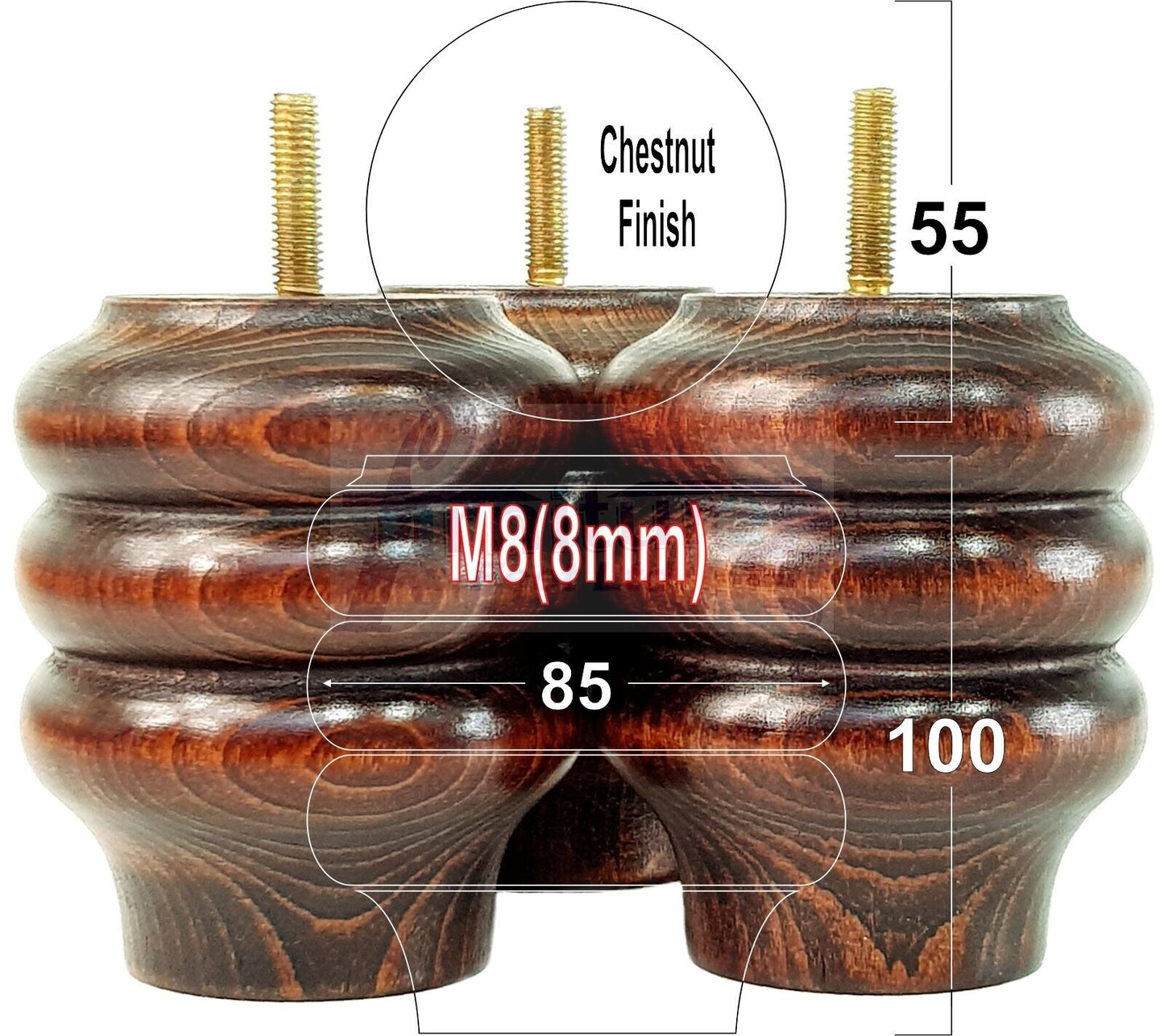 Set Of 4 Solid Wood Turned Furniture Legs Replacement Bun Feet 100mm High 8mm Thread