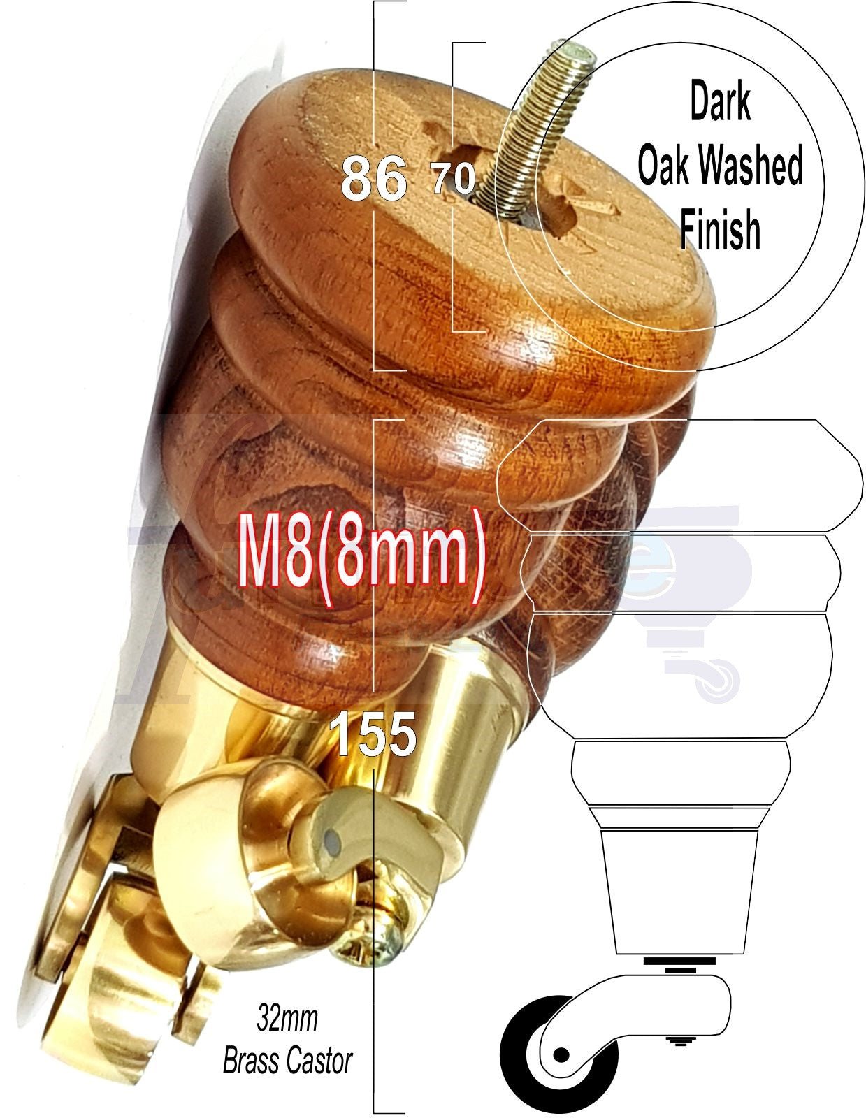 Wood Furniture Legs Replacement Feet 6 Inches With Castors 155mm High M8 - Dark Oak Wash