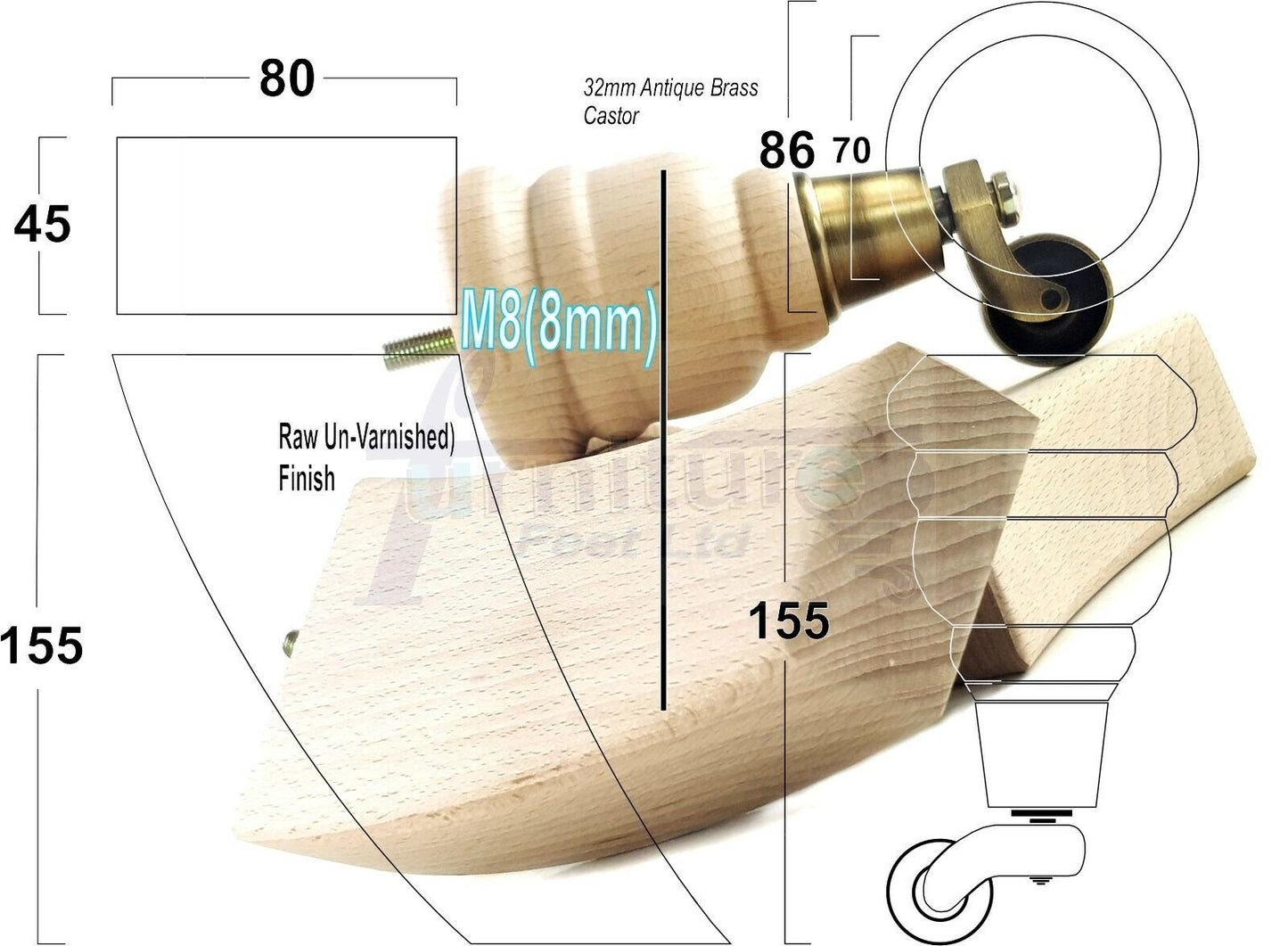 Turned Raw Wood Furniture Feet 2 With Castors 155mm and 2 Curved Back Legs Sofas Chairs Stools Cabinets Beds M8 6 Inches