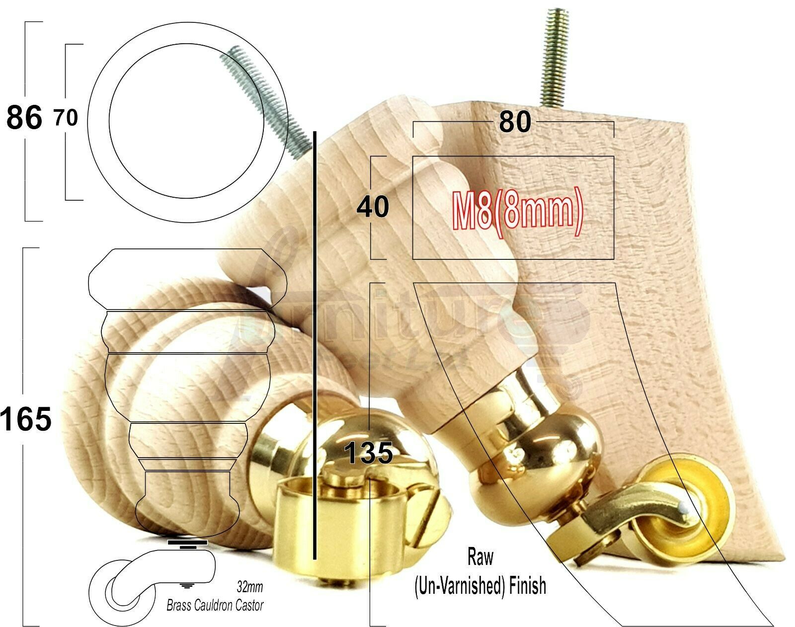 Turned Furniture Feet 2 With Castors 155mm and 2 Curved Back Legs Raw Wood for Sofas Chairs Stools Cabinets Beds M8 6 Inches