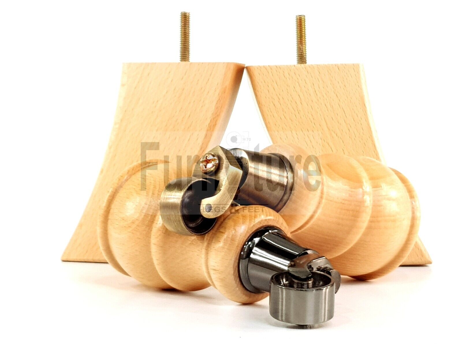 2 Wooden Castor Furniture Sofa Legs & 2 Curved Back Feet  Natural M8 Chair Settee Feet 160mm High