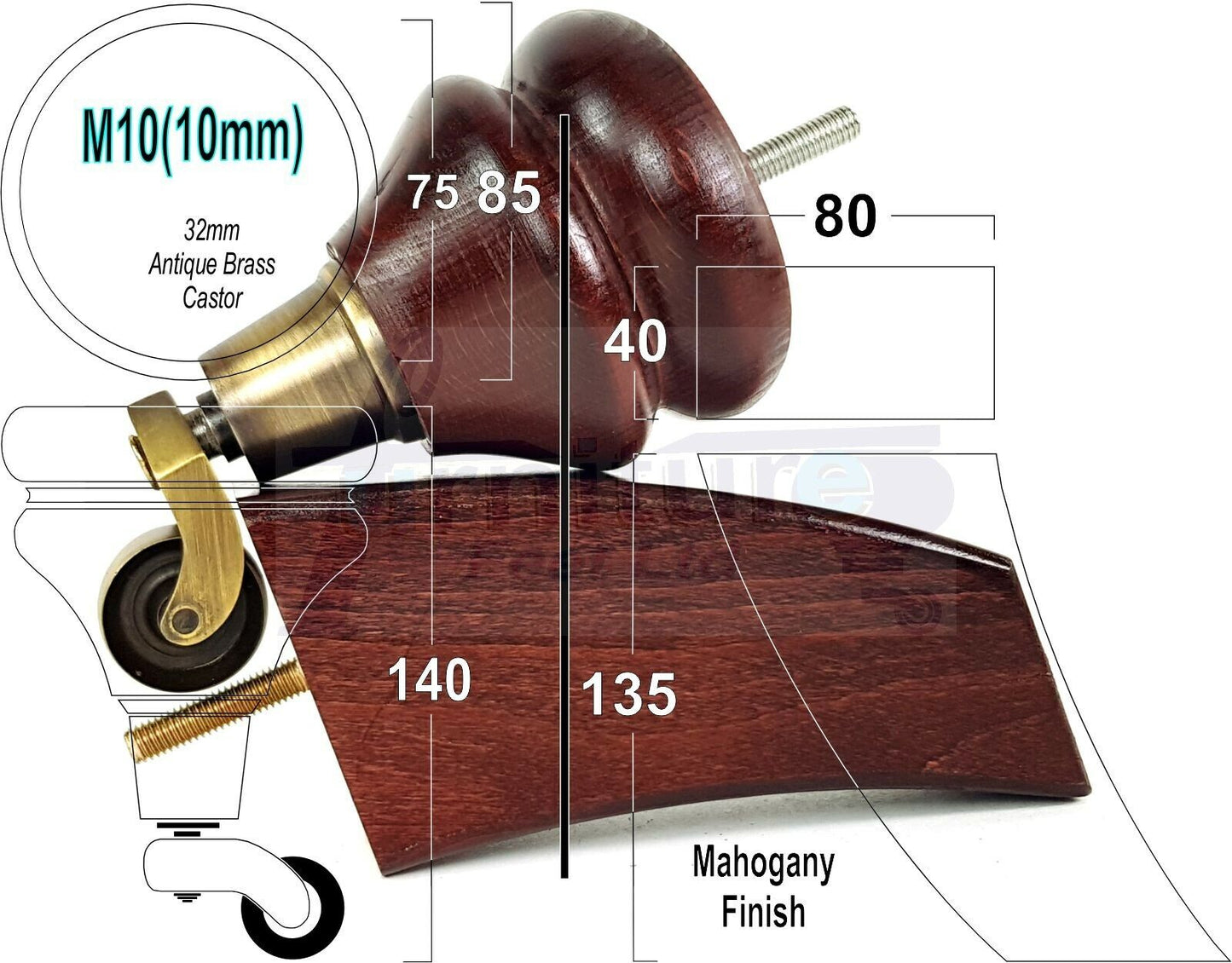 Turned Wood Furniture Feet 2 With Castors 140mm & 2 Curved Back Legs Sofas Chairs Stools Cabinets Beds M10(10mm)