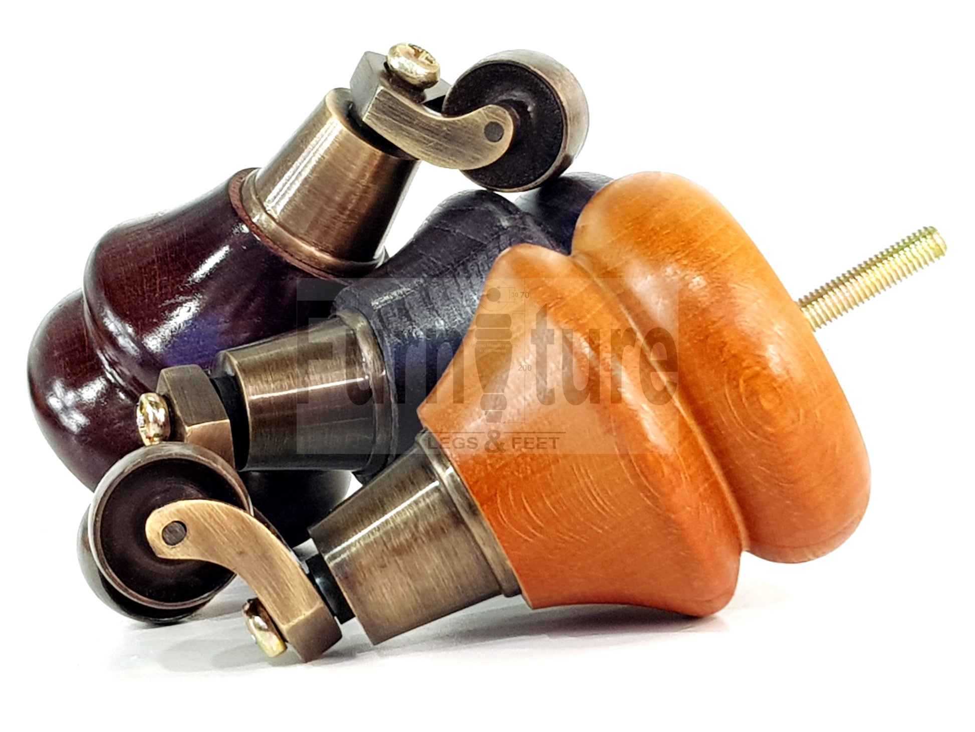 4x Turned Furniture Wood Feet With Antique Brass Castors 140mm Sofas Chairs Settee Cabinets Beds M8(8mm)
