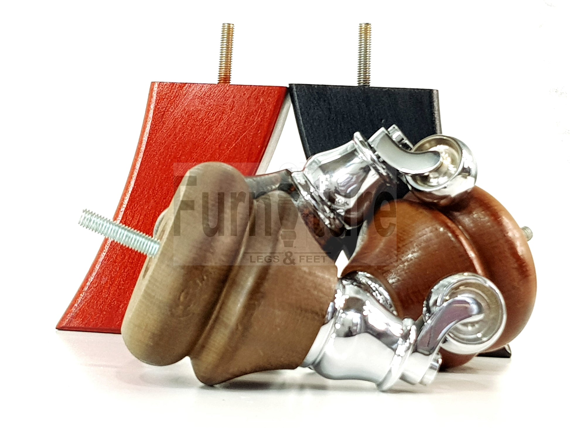 Turned Wood Furniture Feet 2 With Chrome Castors 140mm & 2 Curved Back Legs Sofas Chairs Cabinets Beds M8