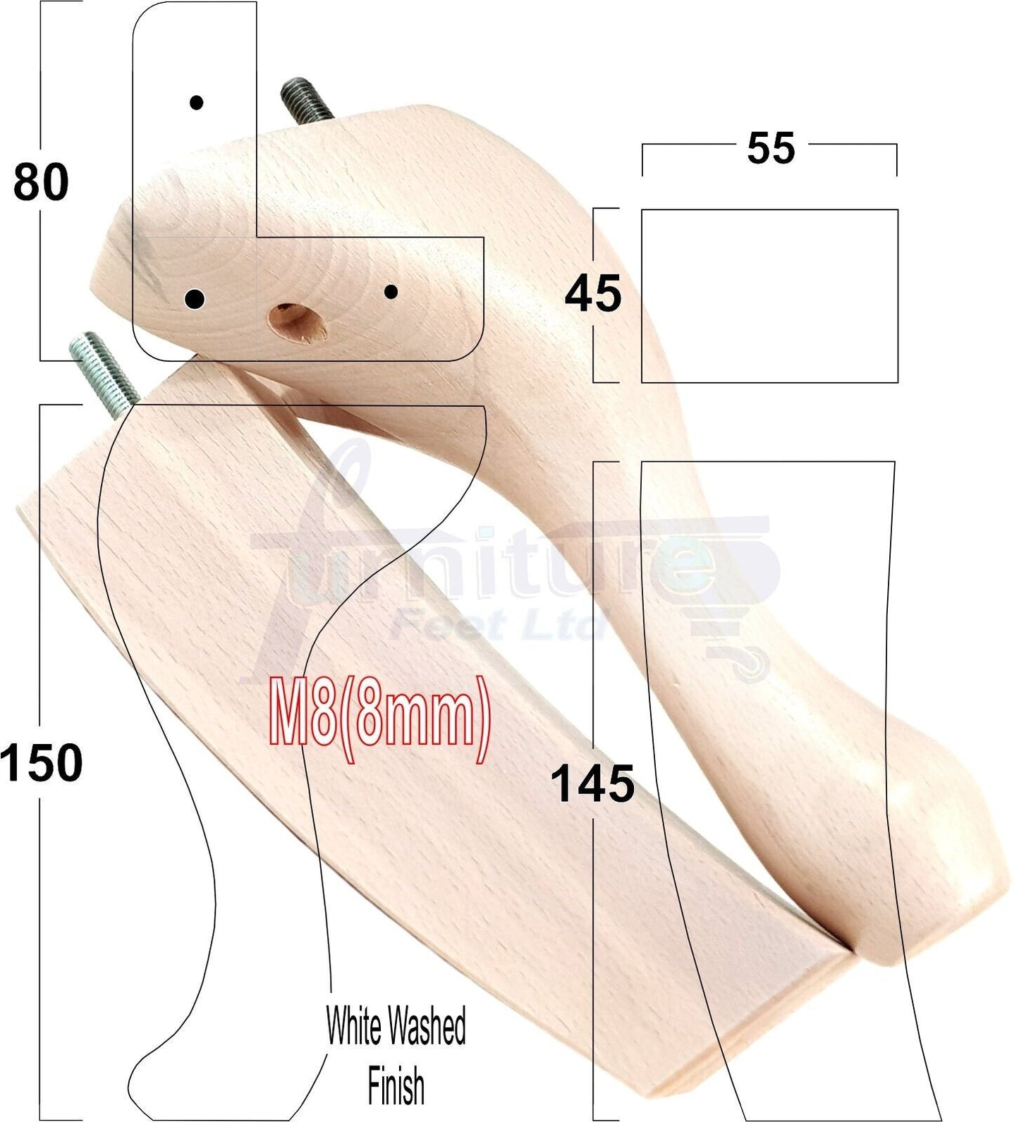 2x Vintage Queen Anne Replacement Furniture Legs & 2x Curved Back Feet 150mm 6 Inch High 8mm Thread
