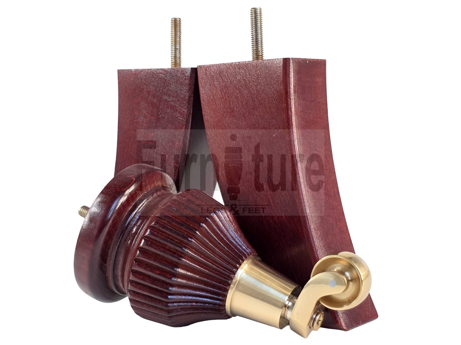 Solid Wood Furniture Replacement Legs 6 Inches with Castors and Back Feet 155mm High M8 Dowl Fixing - Mahogany Finish