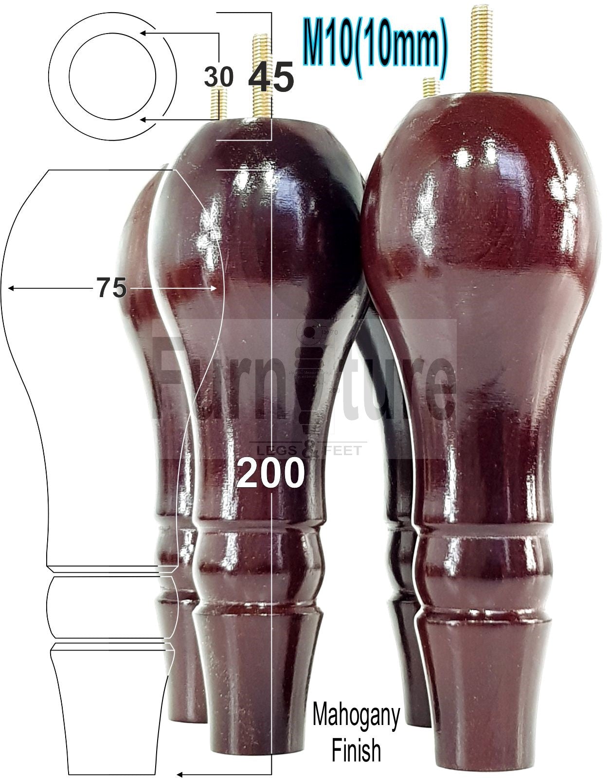 4x Solid Wood Turned Replacement M10 Thread Furniture Legs Sofa Chair Settee Feet 200mm