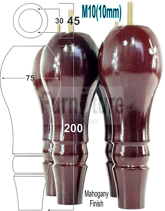 4x Solid Wood Turned Replacement M10 Thread Furniture Legs Sofa Chair Settee Feet 200mm